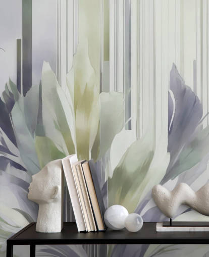 grey and green abstract floral mural called Poetry of Motion Slate and Sage by Marina Stupakova