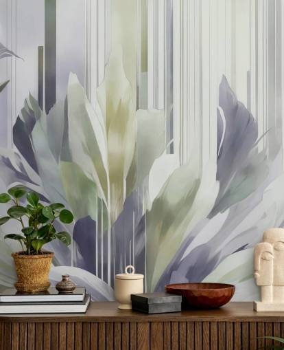 mural floral abstracto gris y verde llamado Poetry of Motion Slate and Sage de Marina Stupakova