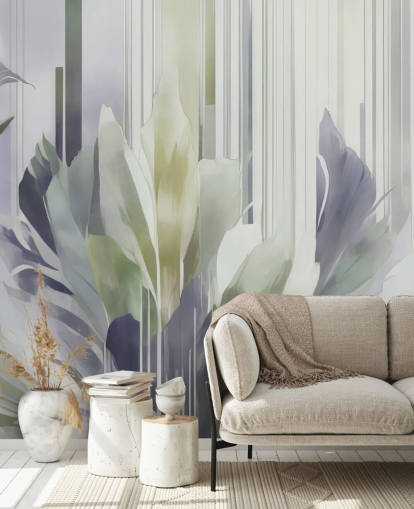 grey and green abstract floral mural called Poetry of Motion Slate and Sage by Marina Stupakova