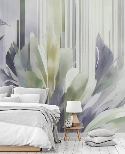 murale floreale astratto grigio e verde chiamato Poetry of Motion Slate and Sage di Marina Stupakova