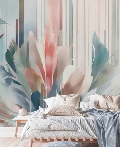 blauwe en roze abstracte bloemenmuurschildering genaamd Poetry of Motion van Marina Stupakova voor slaapkamers en woonkamers blauwe en roze abstracte bloemenmuurschildering genaamd Poetry of Motion van Marina Stupakova voor slaapkamers en woonkamers