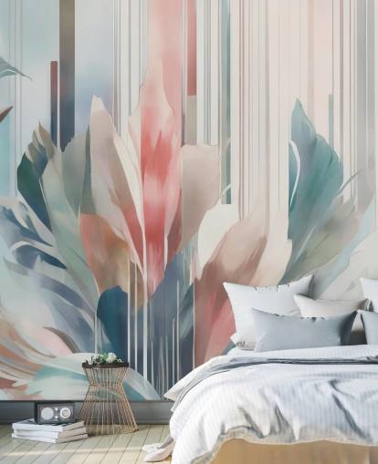 mural floral abstrato azul e rosa chamado Poetry of Motion de Marina Stupakova para quartos e salas de estar