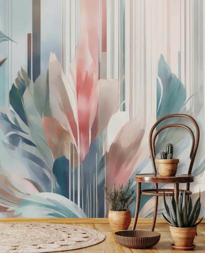 mural floral abstrato azul e rosa chamado Poetry of Motion de Marina Stupakova para quartos e salas de estar