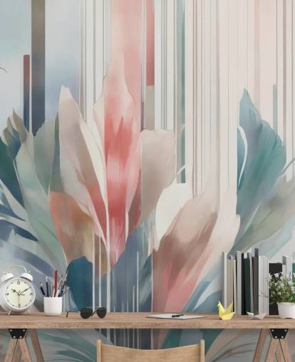 mural floral abstrato azul e rosa chamado Poetry of Motion de Marina Stupakova para quartos e salas de estar