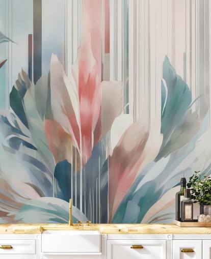 blå och rosa abstrakt blommig väggmålning kallad Poetry of Motion av Marina Stupakova för sovrum och vardagsrum