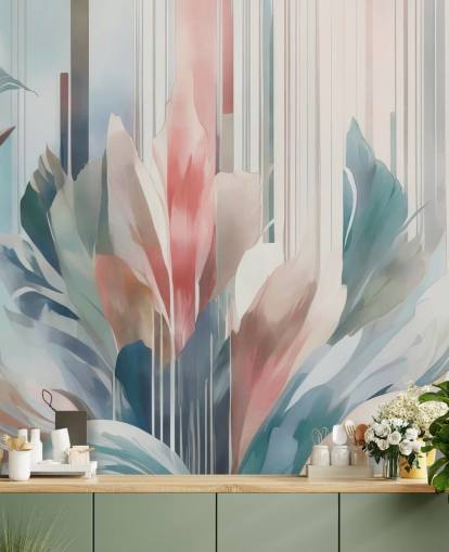 peinture murale florale abstraite bleue et rose appelée Poetry of Motion de Marina Stupakova pour les chambres et les salons