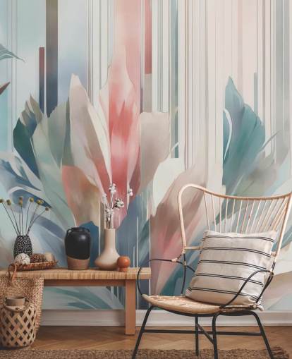 blauwe en roze abstracte bloemenmuurschildering genaamd Poetry of Motion van Marina Stupakova voor slaapkamers en woonkamers