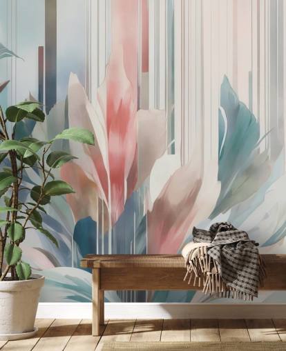 mural floral abstrato azul e rosa chamado Poetry of Motion de Marina Stupakova para quartos e salas de estar mural floral abstrato azul e rosa chamado Poetry of Motion de Marina Stupakova para quartos e salas de estar