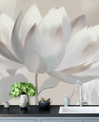 peinture murale florale beige personnalisable appelée Silent Lotus Beige de Marina Stupakova