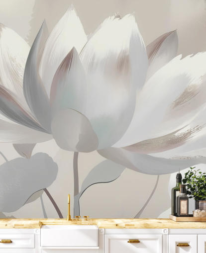 mural floral bege personalizável chamado Silent Lotus Beige de Marina Stupakova