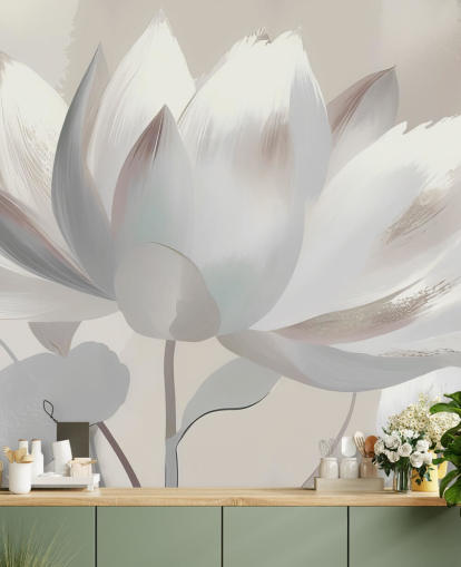customisable beige floral mural called Silent Lotus Beige by Marina Stupakova