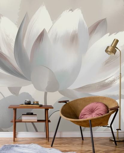 aanpasbare beige bloemenmuurschildering genaamd Silent Lotus Beige van Marina Stupakova