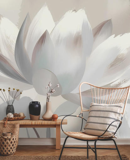 aanpasbare beige bloemenmuurschildering genaamd Silent Lotus Beige van Marina Stupakova