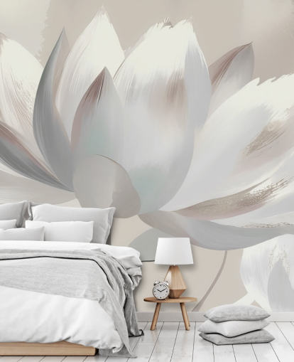 aanpasbare beige bloemenmuurschildering genaamd Silent Lotus Beige van Marina Stupakova