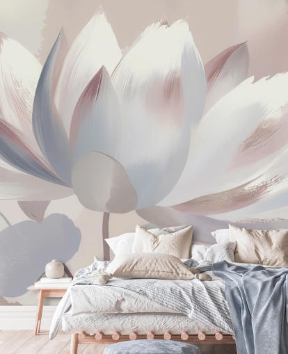 blush personalizado: um grande mural floral chamado Silent Lotus Blush de Marina Stupakova para quartos e banheiros