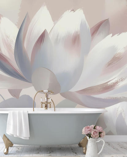 kundenspezifisches Rouge, großes florales Wandbild namens Silent Lotus Blush von Marina Stupakova für Schlafzimmer und Badezimmer