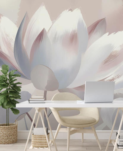 mural floral grande de rubor personalizado llamado Silent Lotus Blush de Marina Stupakova para dormitorios y baños