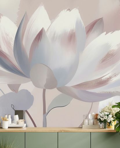 fard personalizzato grande murale floreale chiamato Silent Lotus Blush di Marina Stupakova per camere da letto e bagni