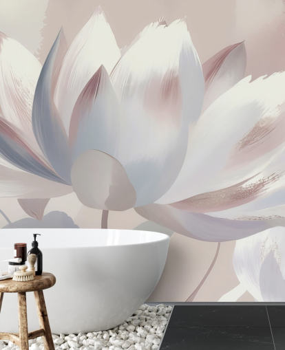 blush personalizado: um grande mural floral chamado Silent Lotus Blush de Marina Stupakova para quartos e banheiros