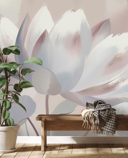 Marina Stupakovan mukautettu poskipuna suuri kukka-seinämaalaus nimeltä Silent Lotus Blush makuuhuoneisiin ja kylpyhuoneisiin Marina Stupakovan mukautettu poskipuna suuri kukka-seinämaalaus nimeltä Silent Lotus Blush makuuhuoneisiin ja kylpyhuoneisiin