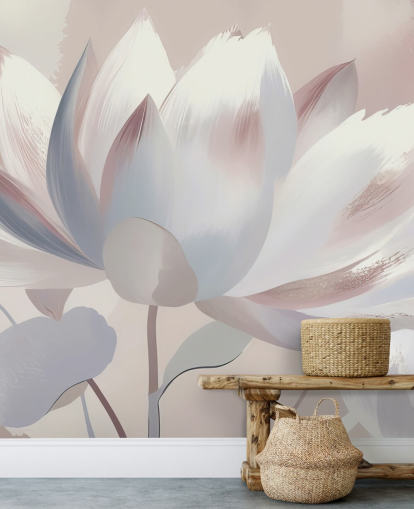 Marina Stupakovan mukautettu poskipuna suuri kukka-seinämaalaus nimeltä Silent Lotus Blush makuuhuoneisiin ja kylpyhuoneisiin Marina Stupakovan mukautettu poskipuna suuri kukka-seinämaalaus nimeltä Silent Lotus Blush makuuhuoneisiin ja kylpyhuoneisiin