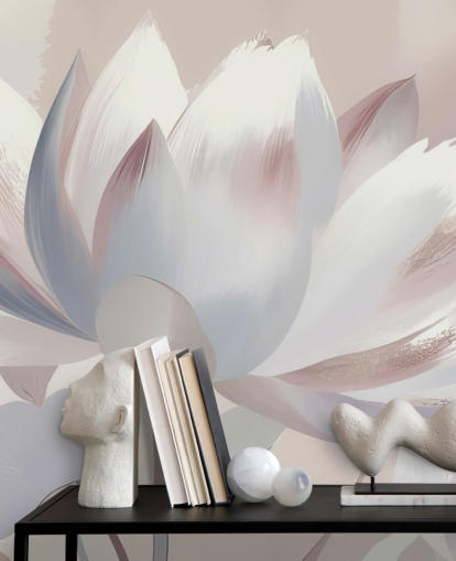 fard personalizzato grande murale floreale chiamato Silent Lotus Blush di Marina Stupakova per camere da letto e bagni