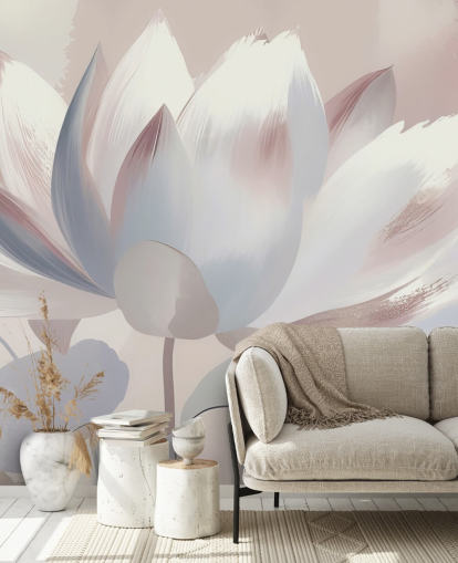 grande peinture murale florale personnalisée appelée Silent Lotus Blush de Marina Stupakova pour les chambres et les salles de bain