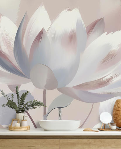 mural floral grande de rubor personalizado llamado Silent Lotus Blush de Marina Stupakova para dormitorios y baños mural floral grande de rubor personalizado llamado Silent Lotus Blush de Marina Stupakova para dormitorios y baños
