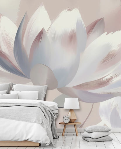 fard personalizzato grande murale floreale chiamato Silent Lotus Blush di Marina Stupakova per camere da letto e bagni