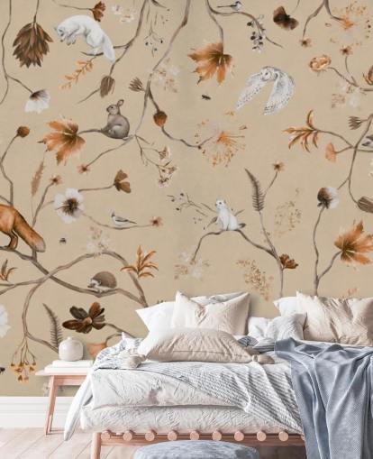 beige kids mural called Playful Forest - Beige Panorama by Kikki Belle for nurseries and children's bedrooms