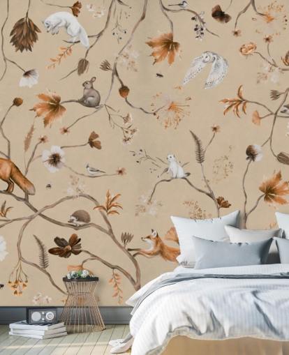 murale beige per bambini chiamato Playful Forest - Beige Panorama di Kikki Belle per asili nido e camerette dei bambini