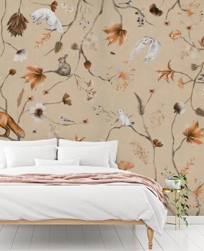 mural infantil bege chamado Playful Forest - Beige Panorama de Kikki Belle para creches e quartos infantis mural infantil bege chamado Playful Forest - Beige Panorama de Kikki Belle para creches e quartos infantis