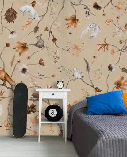 mural infantil bege chamado Playful Forest - Beige Panorama de Kikki Belle para creches e quartos infantis