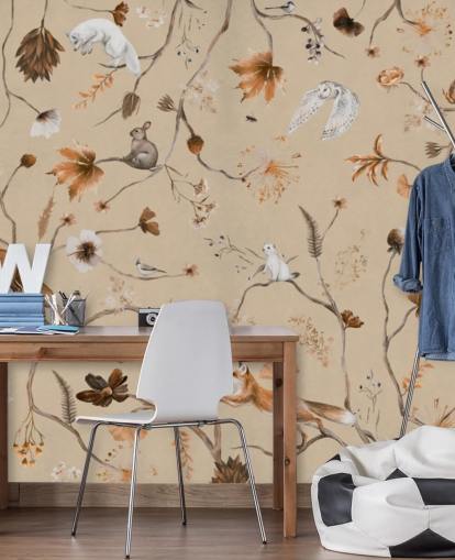 beige kindermuurschildering genaamd Playful Forest - Beige Panorama van Kikki Belle voor kinderdagverblijven en kinderkamers