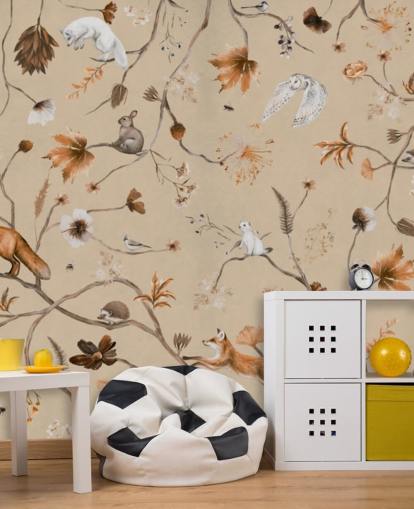 beige kids mural called Playful Forest - Beige Panorama by Kikki Belle for nurseries and children's bedrooms