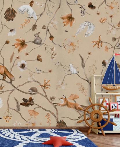 beige kids mural called Playful Forest - Beige Panorama by Kikki Belle for nurseries and children's bedrooms