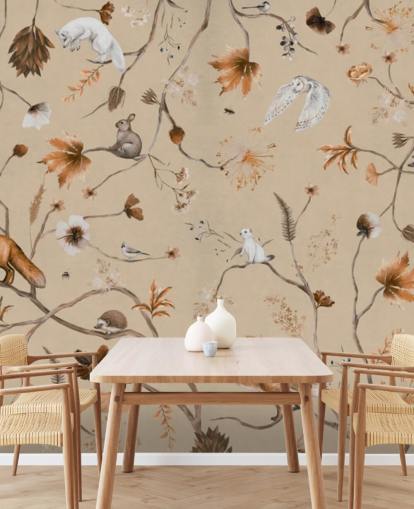 murale beige per bambini chiamato Playful Forest - Beige Panorama di Kikki Belle per asili nido e camerette dei bambini murale beige per bambini chiamato Playful Forest - Beige Panorama di Kikki Belle per asili nido e camerette dei bambini