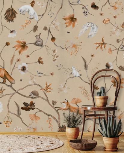 mural infantil beige llamado Playful Forest - Beige Panorama de Kikki Belle para guarderías y dormitorios infantiles