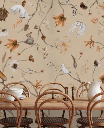 beige kids mural called Playful Forest - Beige Panorama by Kikki Belle for nurseries and children's bedrooms