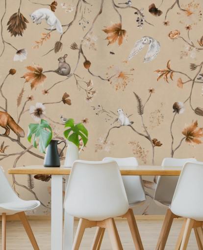 mural infantil beige llamado Playful Forest - Beige Panorama de Kikki Belle para guarderías y dormitorios infantiles