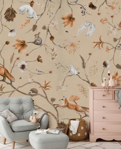 murale beige per bambini chiamato Playful Forest - Beige Panorama di Kikki Belle per asili nido e camerette dei bambini murale beige per bambini chiamato Playful Forest - Beige Panorama di Kikki Belle per asili nido e camerette dei bambini