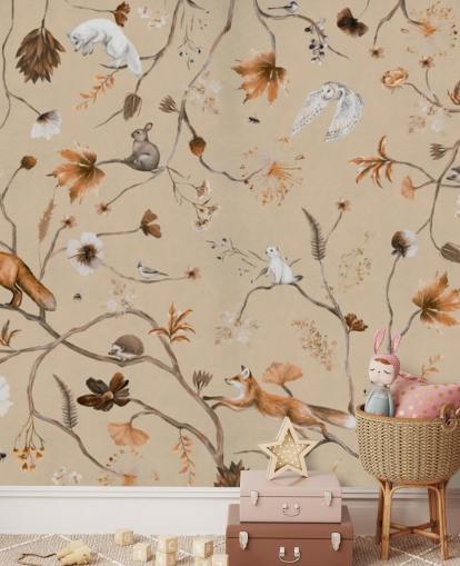 beige vægmaleri til børn kaldet Playful Forest - Beige Panorama af Kikki Belle til børnehaver og børns soveværelser