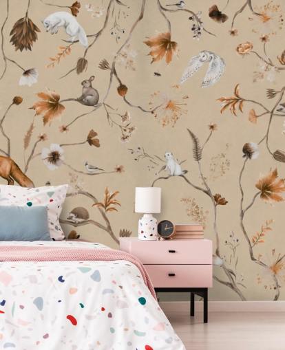 beige barnväggmålning som heter Playful Forest - Beige Panorama av Kikki Belle för plantskolor och barns sovrum