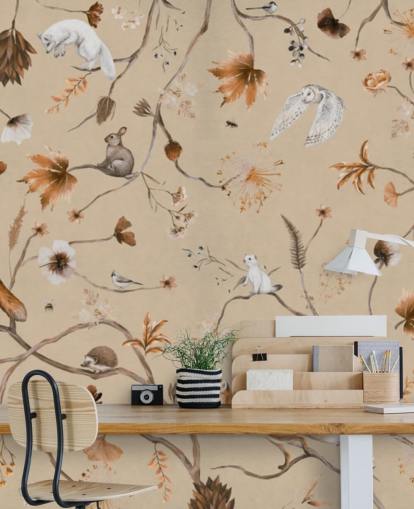 mural infantil beige llamado Playful Forest - Beige Panorama de Kikki Belle para guarderías y dormitorios infantiles