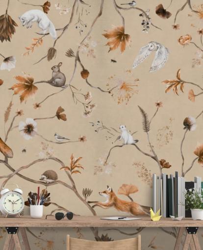 mural infantil bege chamado Playful Forest - Beige Panorama de Kikki Belle para creches e quartos infantis