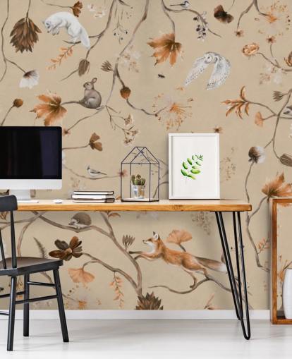 mural infantil bege chamado Playful Forest - Beige Panorama de Kikki Belle para creches e quartos infantis