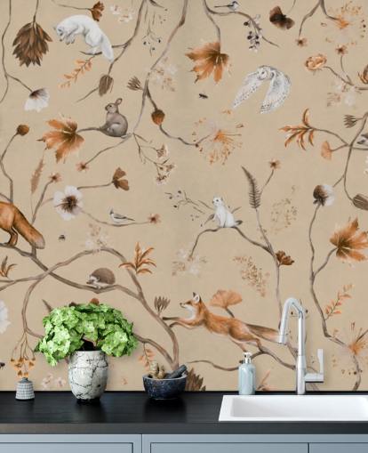 beige kindermuurschildering genaamd Playful Forest - Beige Panorama van Kikki Belle voor kinderdagverblijven en kinderkamers beige kindermuurschildering genaamd Playful Forest - Beige Panorama van Kikki Belle voor kinderdagverblijven en kinderkamers