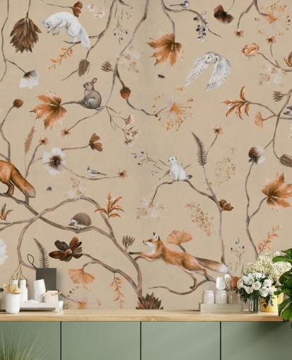 mural infantil beige llamado Playful Forest - Beige Panorama de Kikki Belle para guarderías y dormitorios infantiles mural infantil beige llamado Playful Forest - Beige Panorama de Kikki Belle para guarderías y dormitorios infantiles