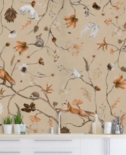 peinture murale beige pour enfants intitulée Playful Forest - Beige Panorama de Kikki Belle pour les crèches et les chambres d'enfants