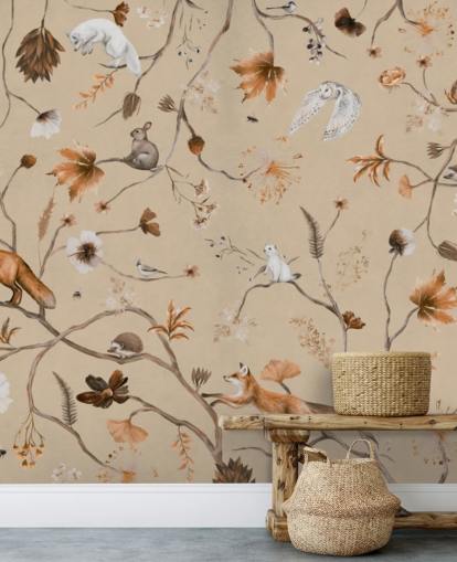 mural infantil beige llamado Playful Forest - Beige Panorama de Kikki Belle para guarderías y dormitorios infantiles